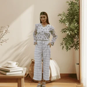 Chiffon Floral Top & Georgette Plaid Wide-Leg Pant Set